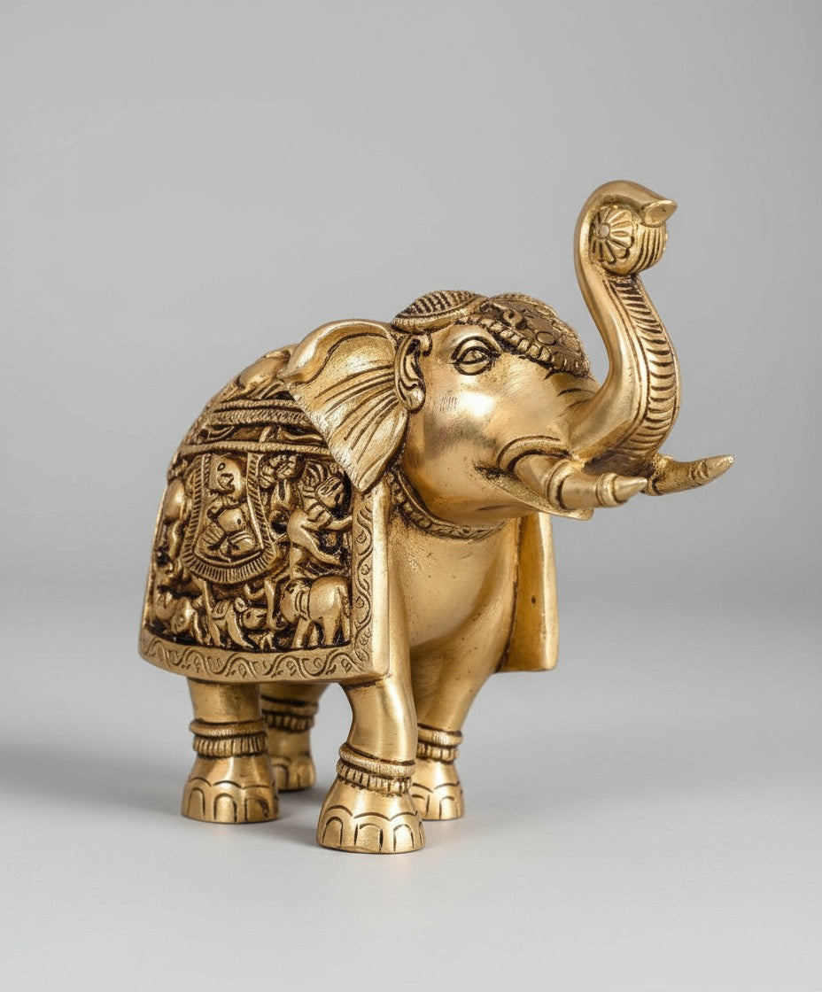 brass fully carved elephant statue, 1 piece, home décor / showpiece