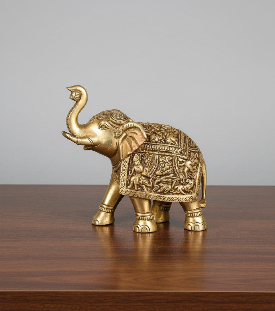 brass fully carved elephant statue, 1 piece, home décor / showpiece