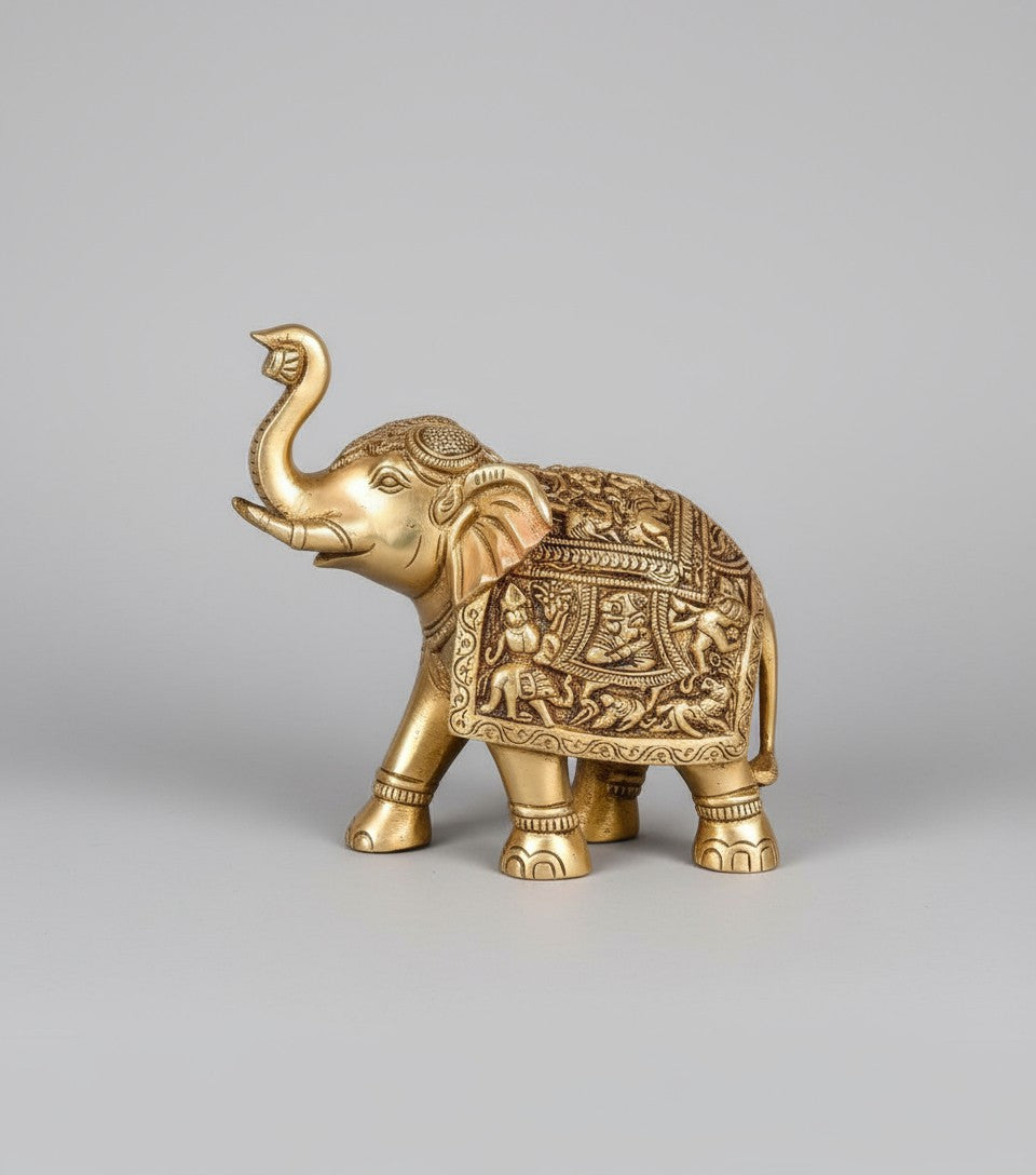 brass fully carved elephant statue, 1 piece, home décor / showpiece