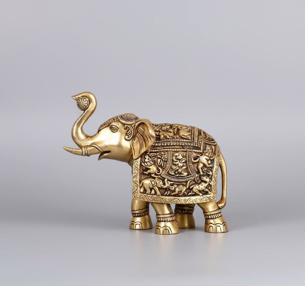 brass fully carved elephant statue, 1 piece, home décor / showpiece