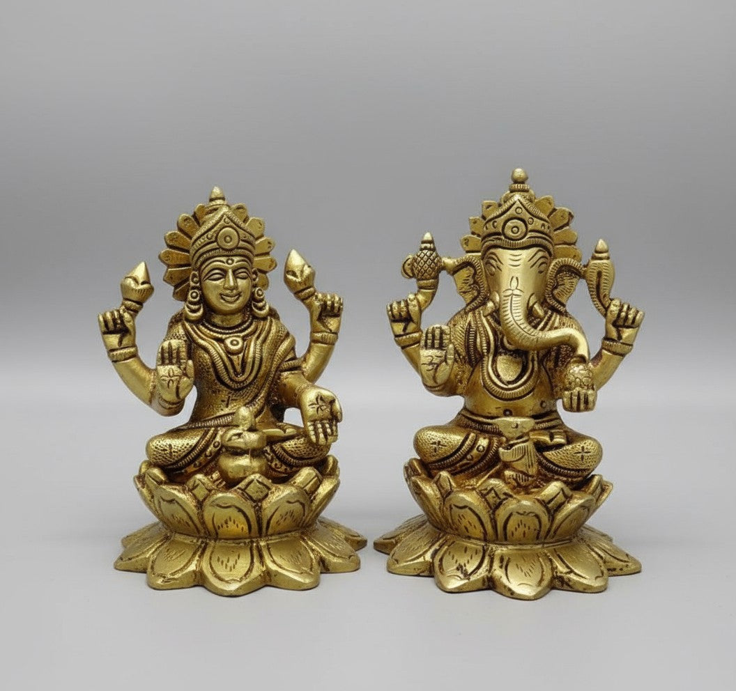 brass 5" lakshmi ganesh statue sitting on lotus flower home temple