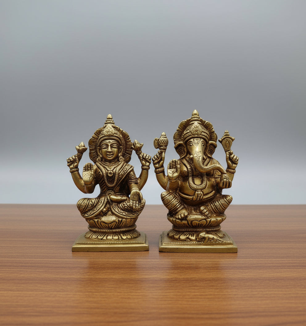 brass 5" lakshmi ganesh statue sitting on lotus flower home temple