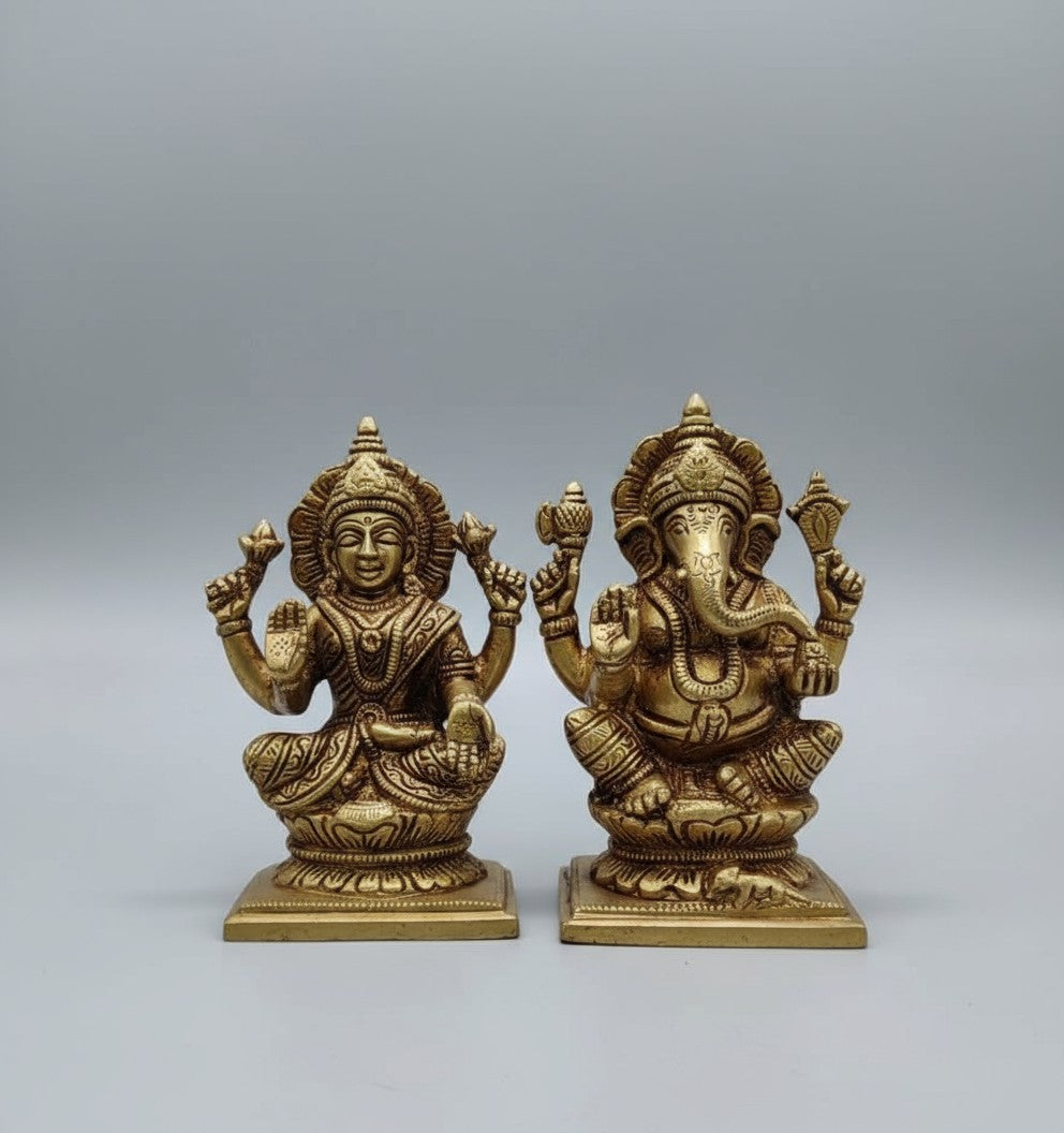 brass 5" lakshmi ganesh statue sitting on lotus flower home temple