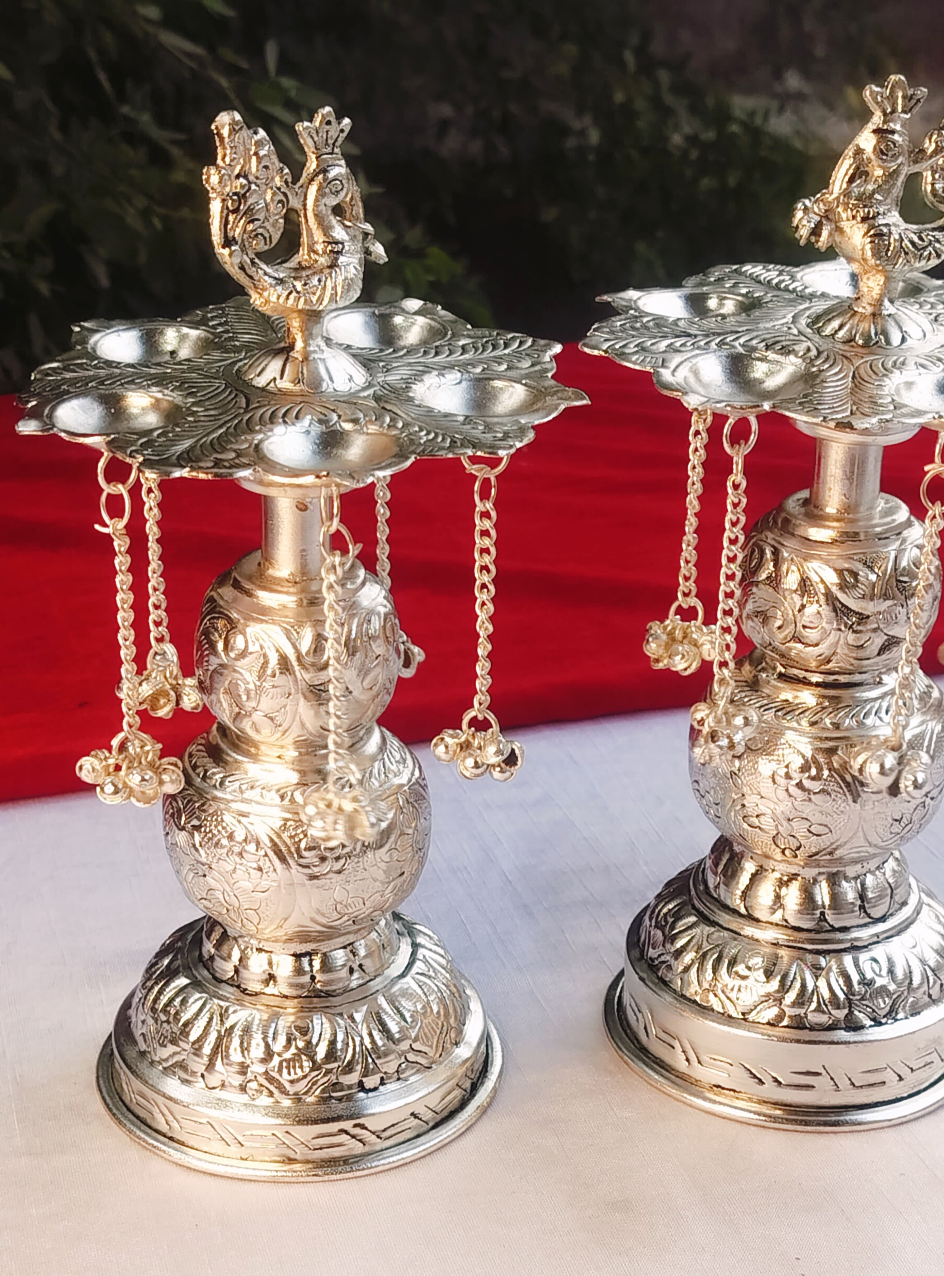 German Silver Antique Finish Peacock Diya with Hanging Chain and Ghungaru