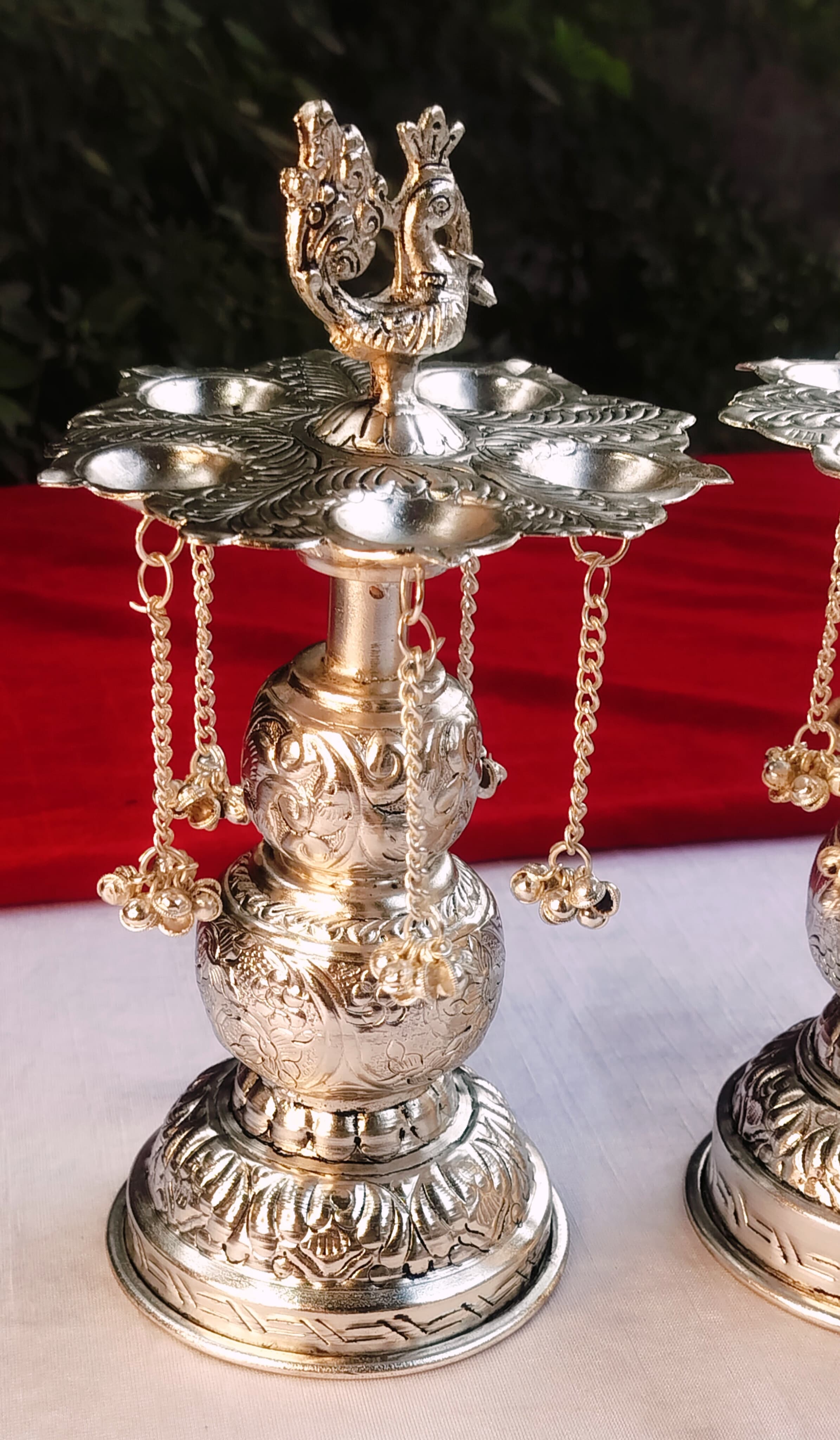 German Silver Antique Finish Peacock Diya with Hanging Chain and Ghungaru