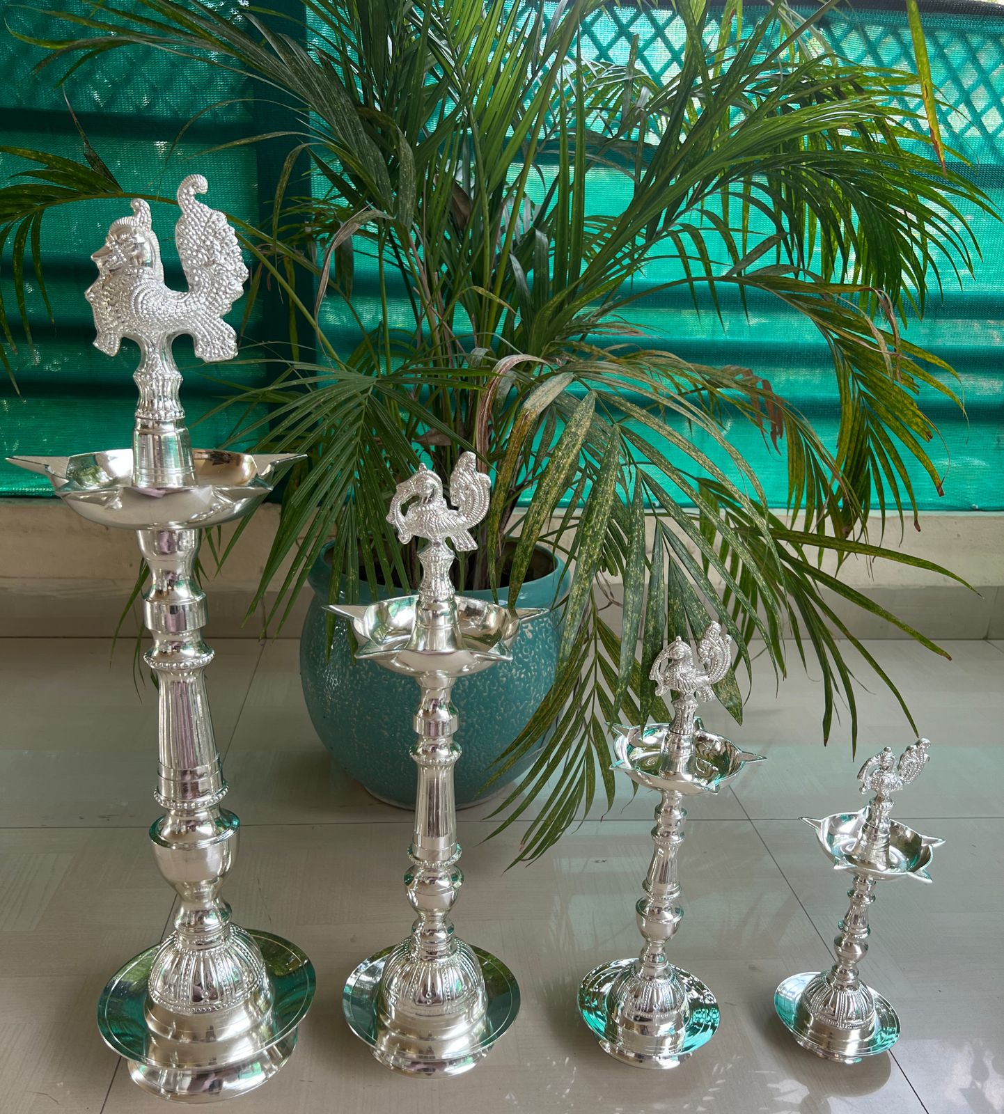 German silver peacock Diya set 24" pair for housewarming pooja/ Diwali