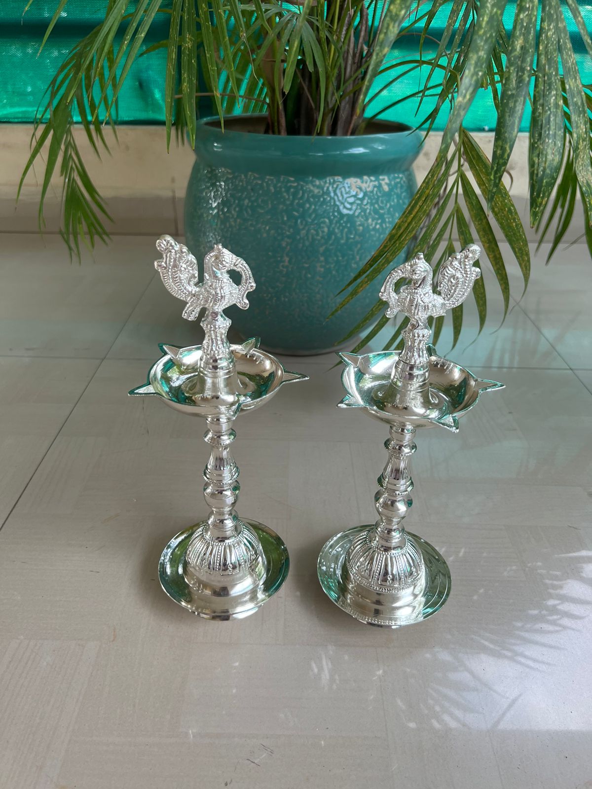 German silver peacock Diya set 24" pair for housewarming pooja/ Diwali