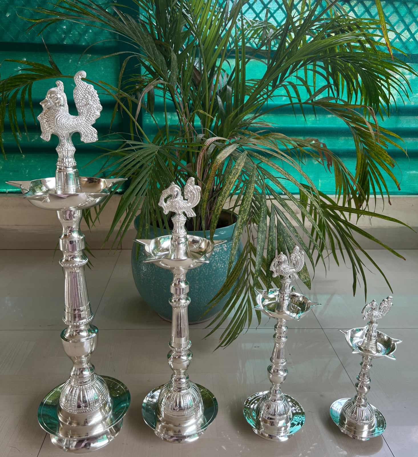 German silver peacock Diya set 12" pair for housewarming pooja/ Diwali