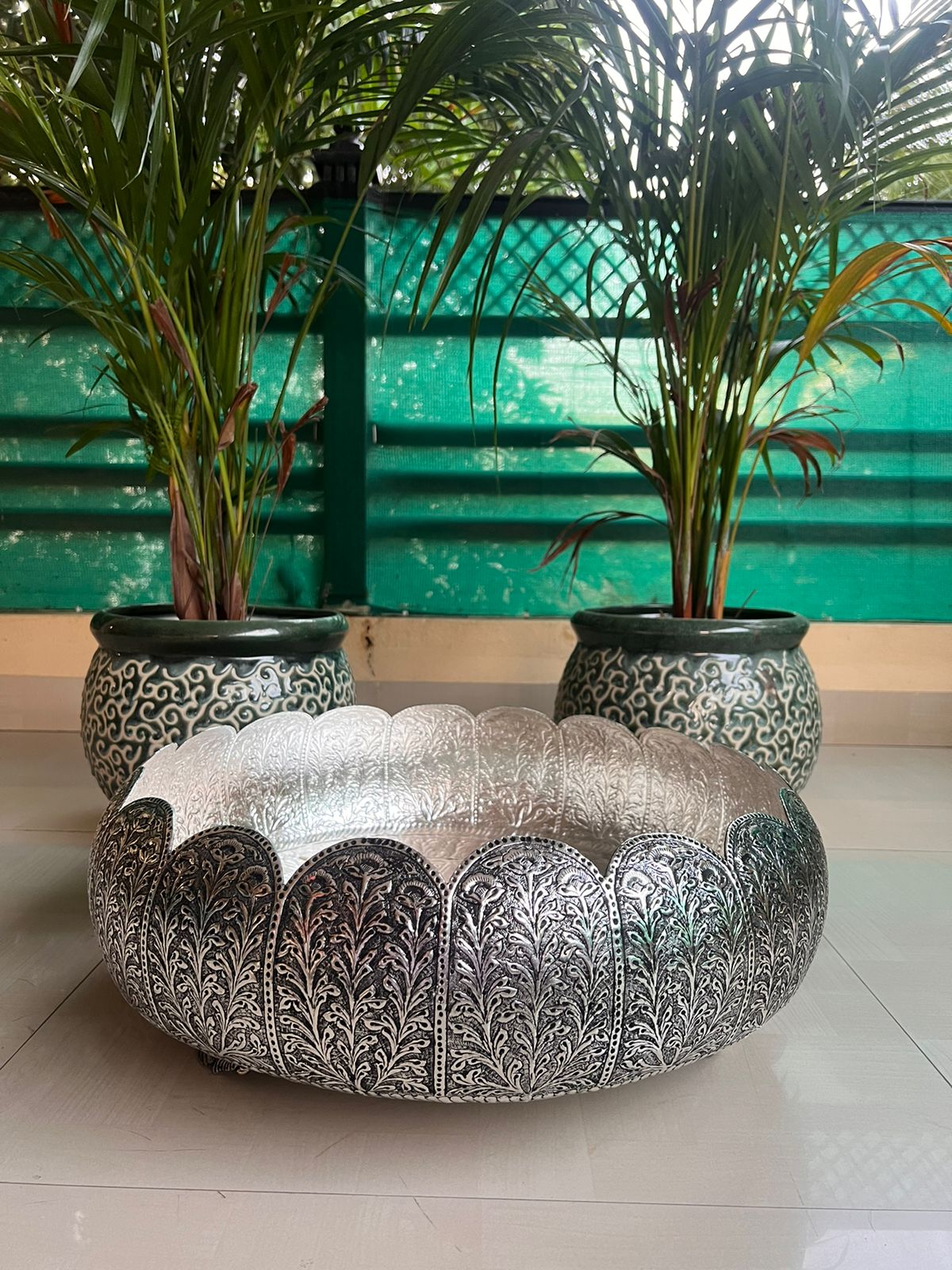 German silver fully carved flower design big size urli bowl for home décor/ gift item