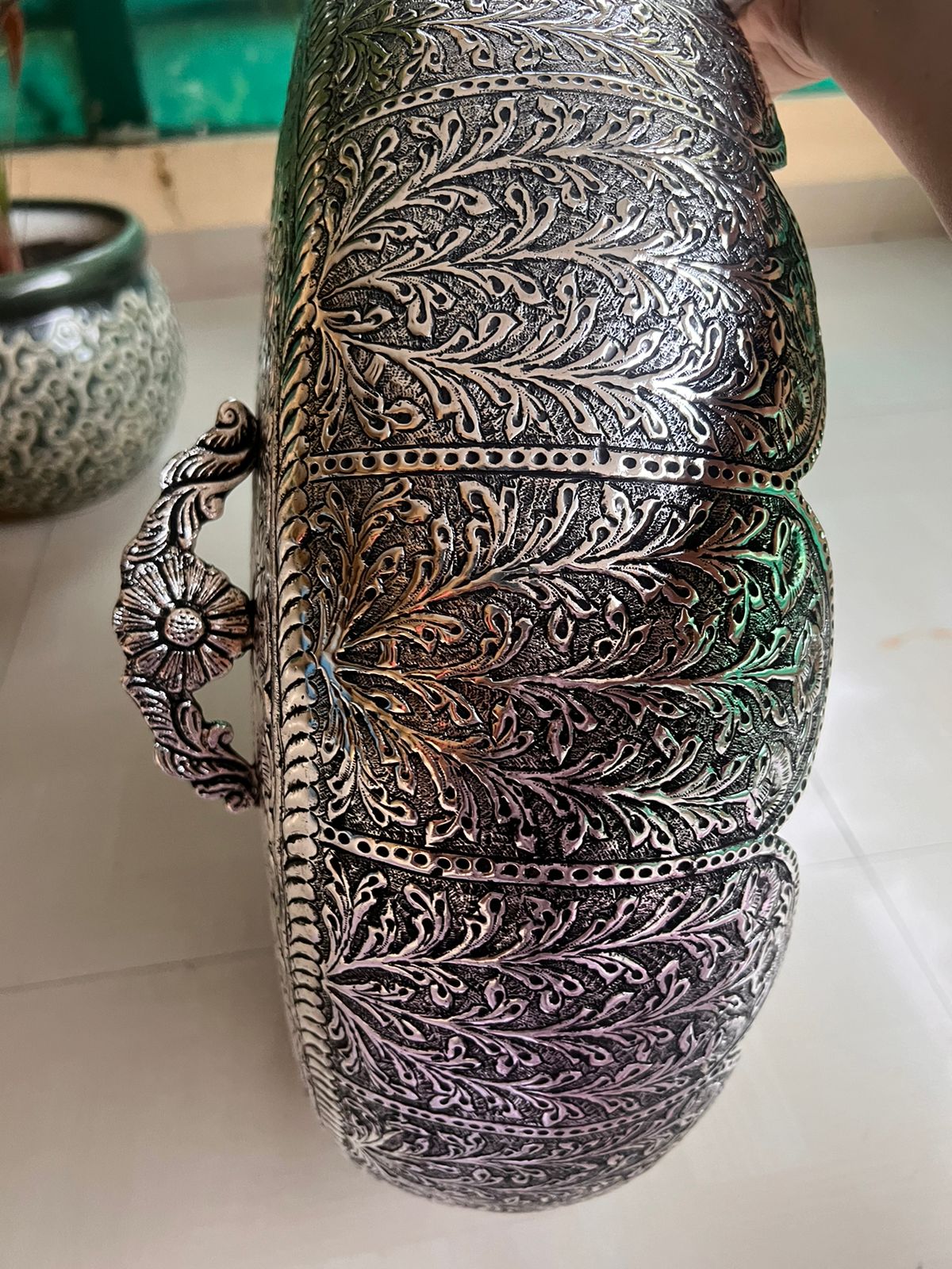 German silver fully carved flower design big size urli bowl for home décor/ gift item