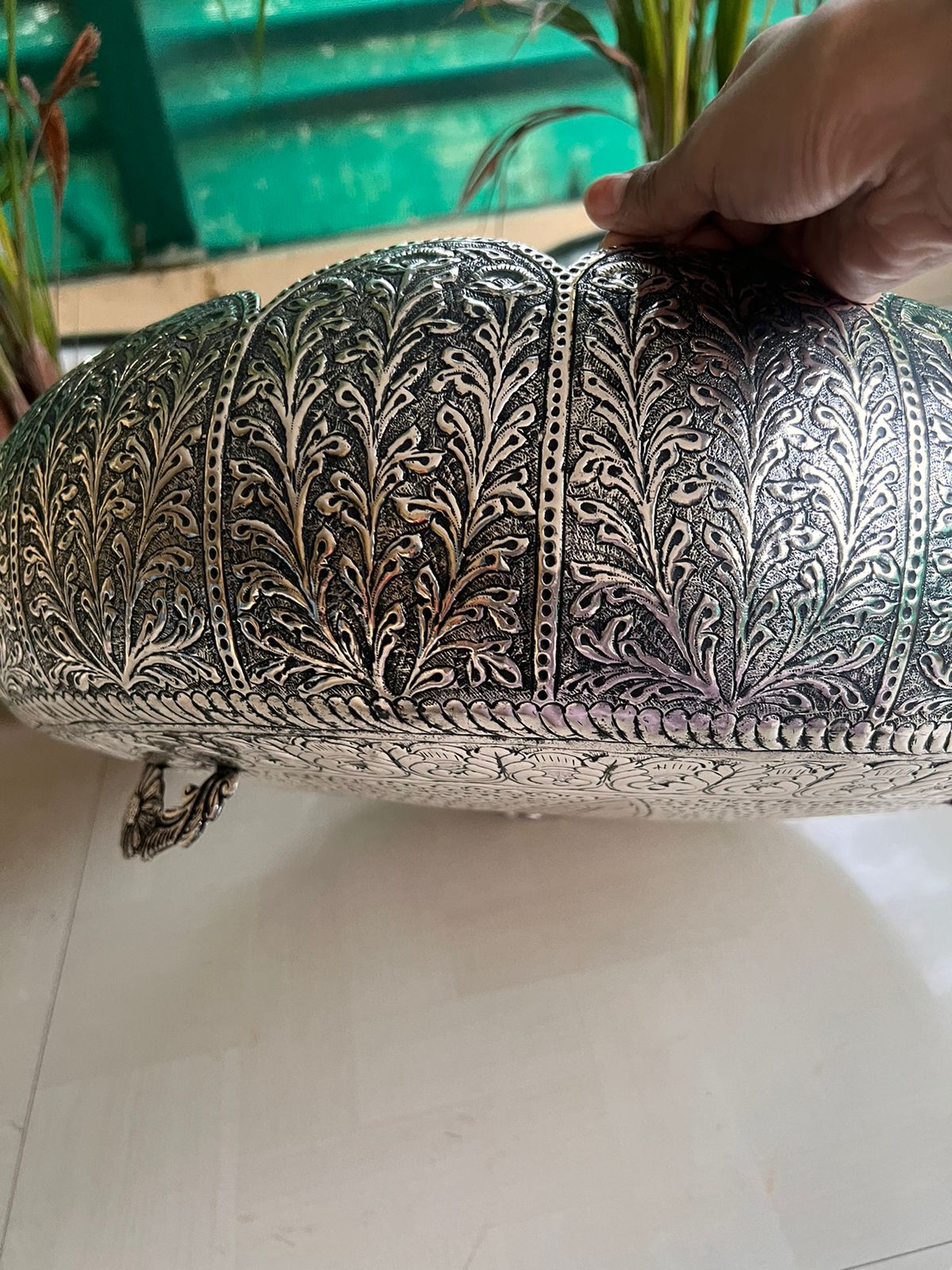 German silver fully carved flower design big size urli bowl for home décor/ gift item