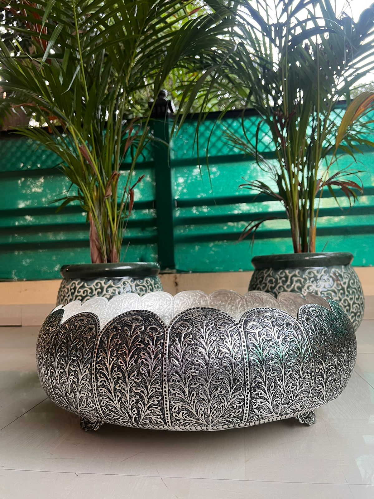 German silver fully carved flower design big size urli bowl for home décor/ gift item