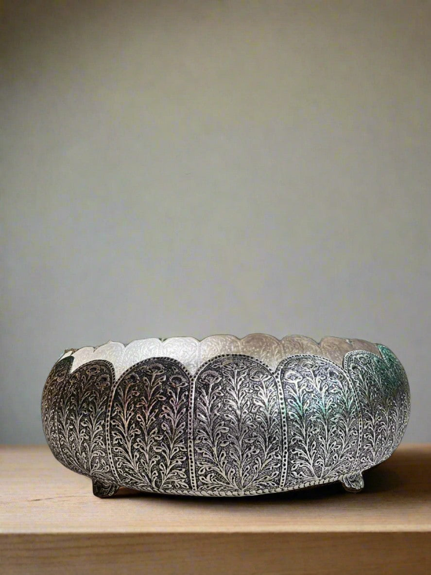 German silver fully carved flower design big size urli bowl for home décor/ gift item