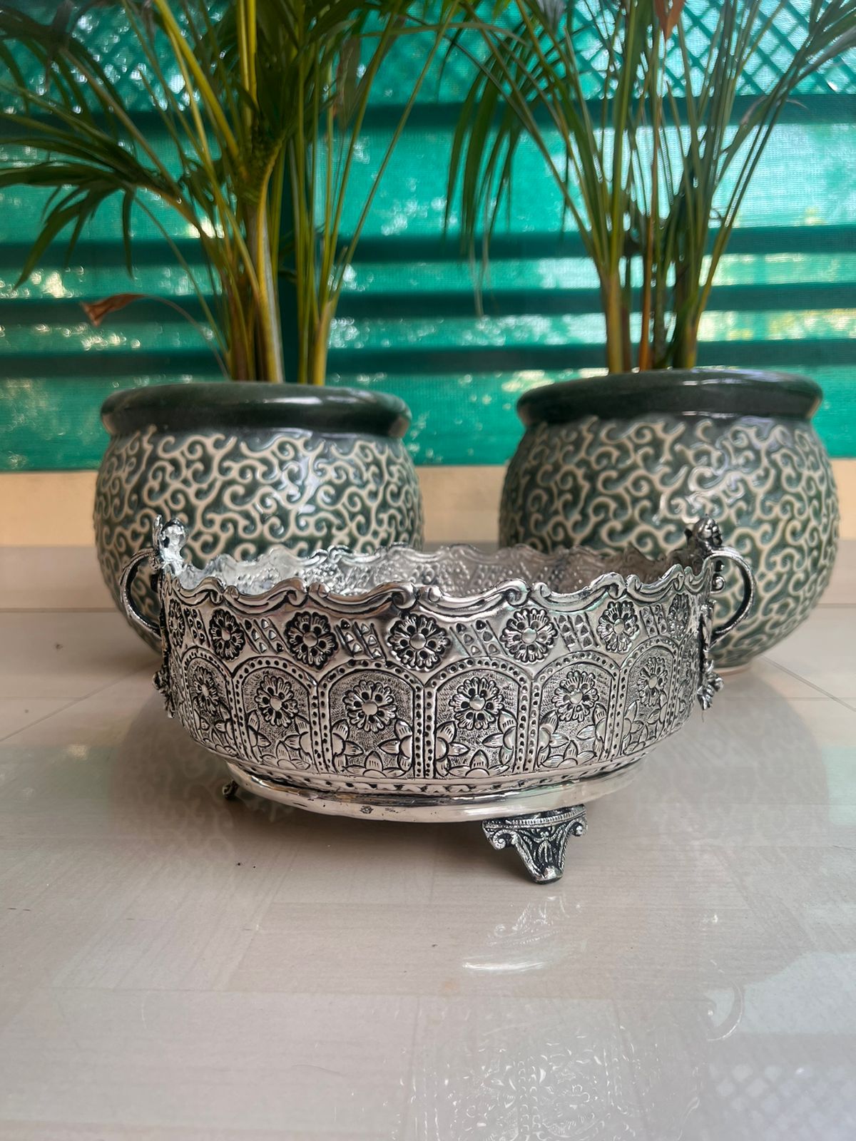 German silver fully carved flower urli bowl for home décor/ fruits/ gift item