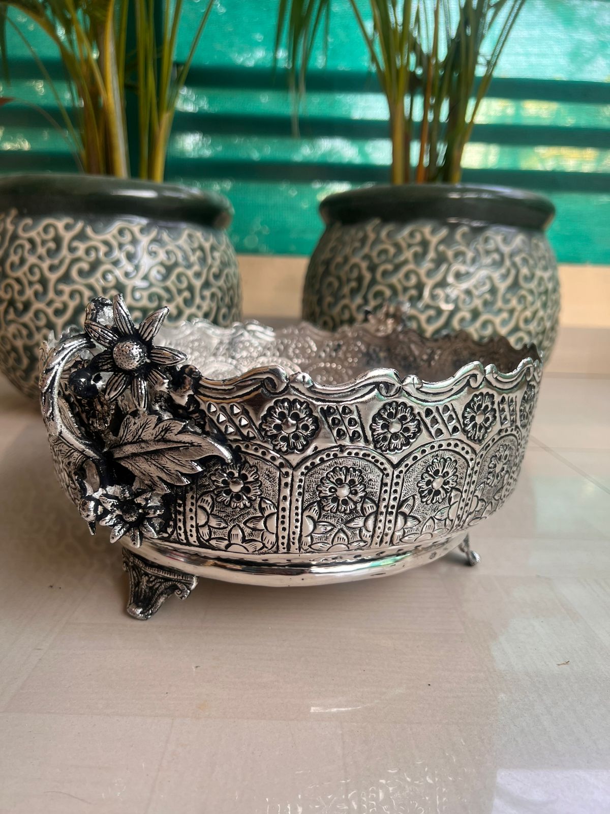 German silver fully carved flower urli bowl for home décor/ fruits/ gift item