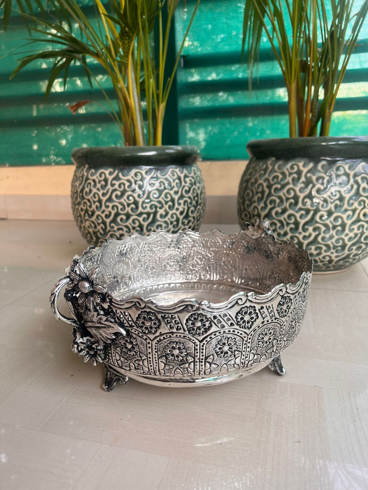 German silver fully carved flower urli bowl for home décor/ fruits/ gift item