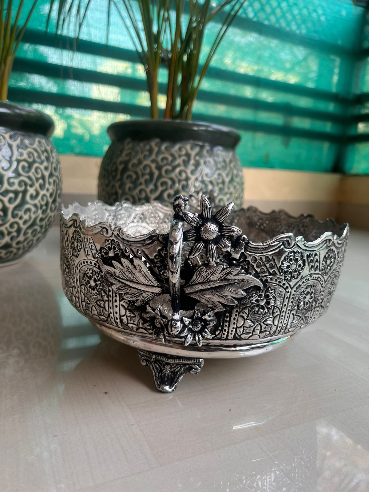 German silver fully carved flower urli bowl for home décor/ fruits/ gift item