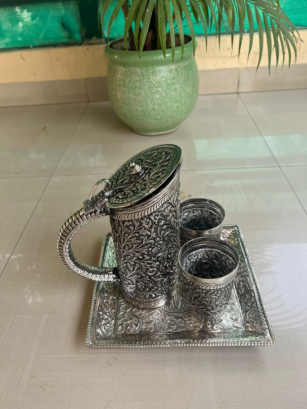 german silver fully carved jug with 2 glasses and tray for serving/ gift item