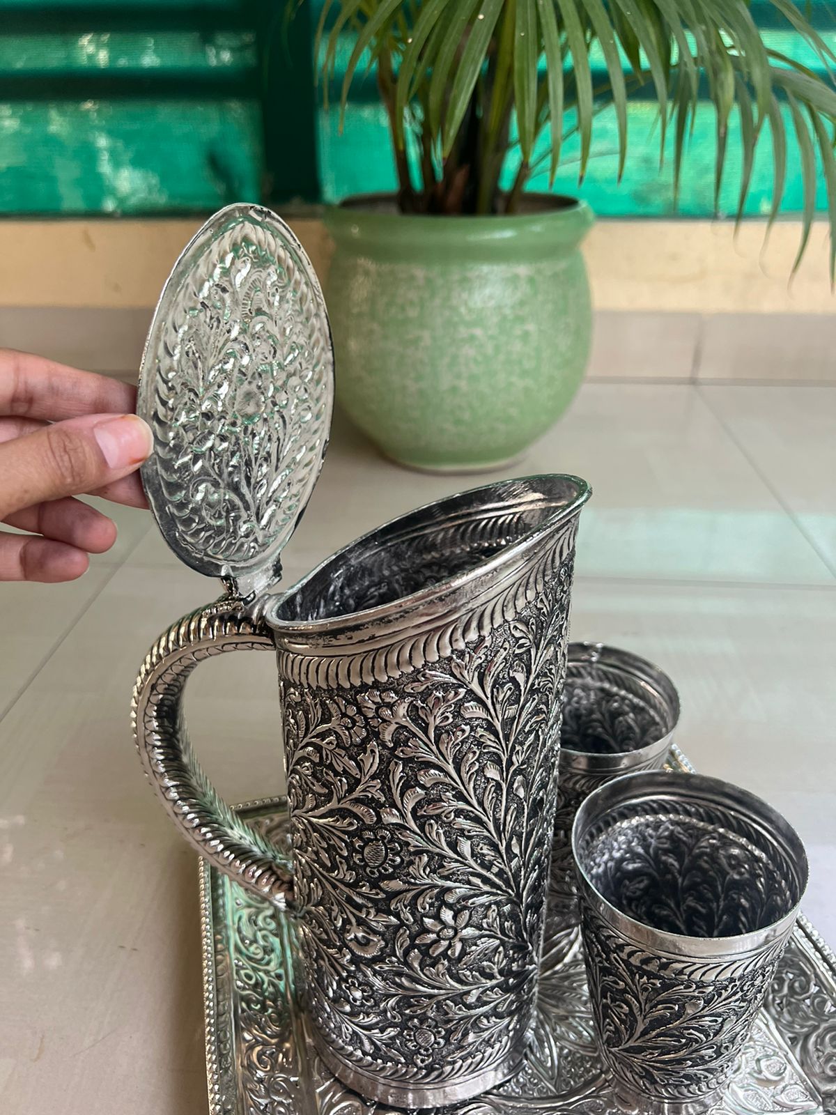 german silver fully carved jug with 2 glasses and tray for serving/ gift item