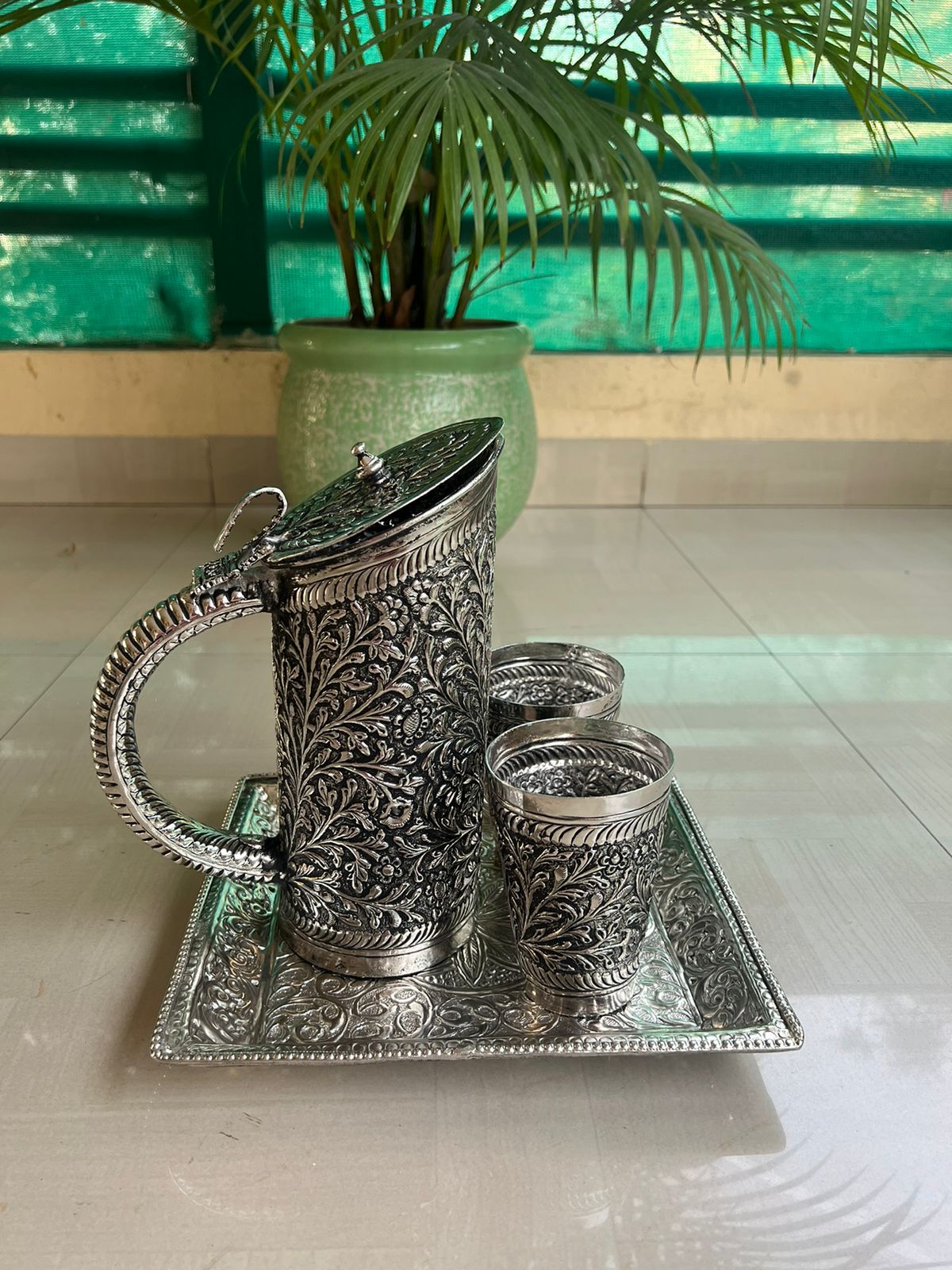 german silver fully carved jug with 2 glasses and tray for serving/ gift item