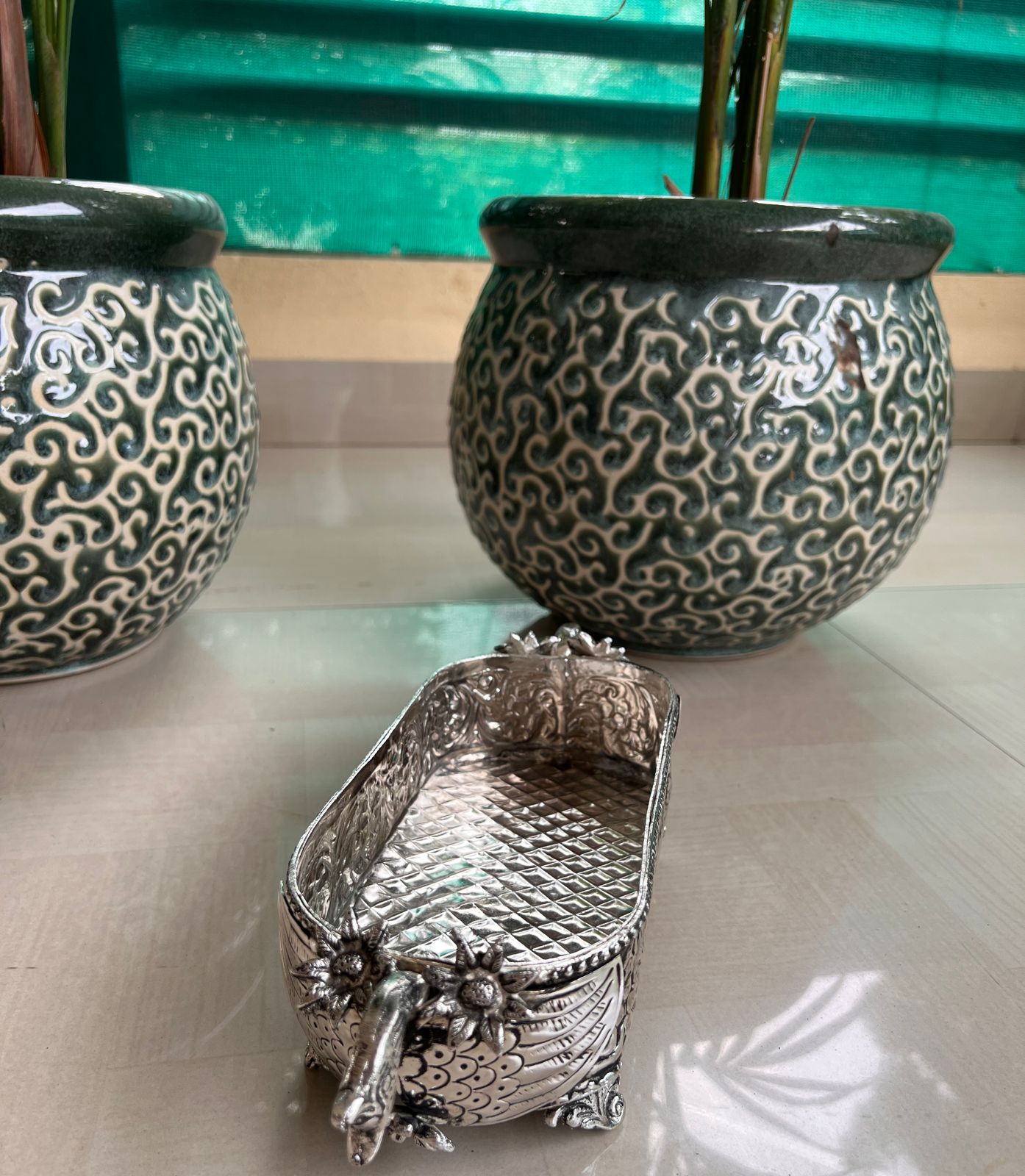 German silver Floral Double swan long stylish tray