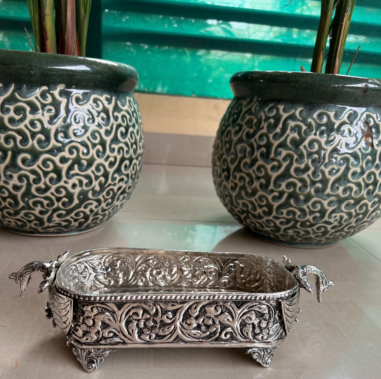 German silver Floral Double swan long stylish tray