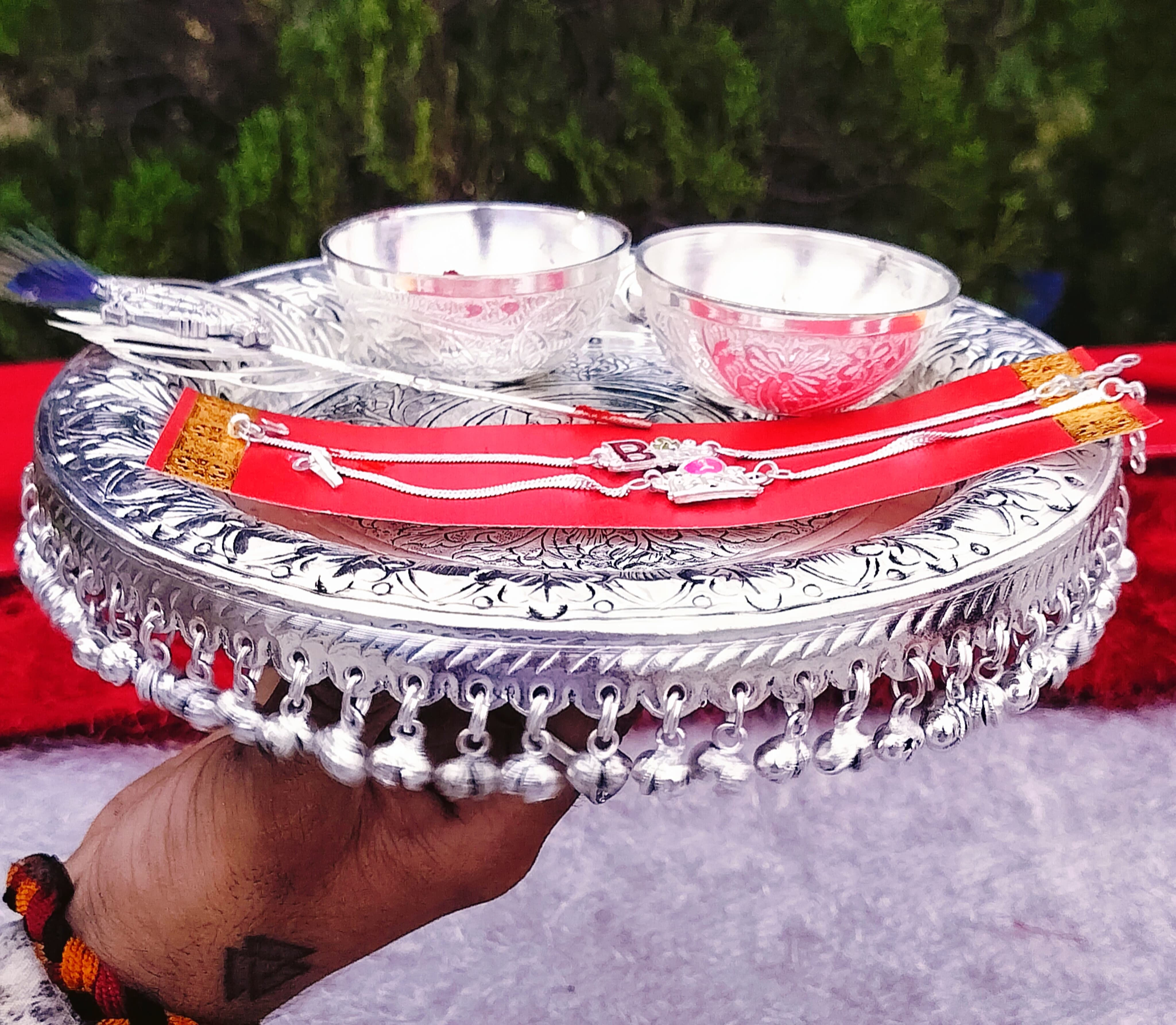 German silver Tika Thali set with ghungroo rakhi pooja set