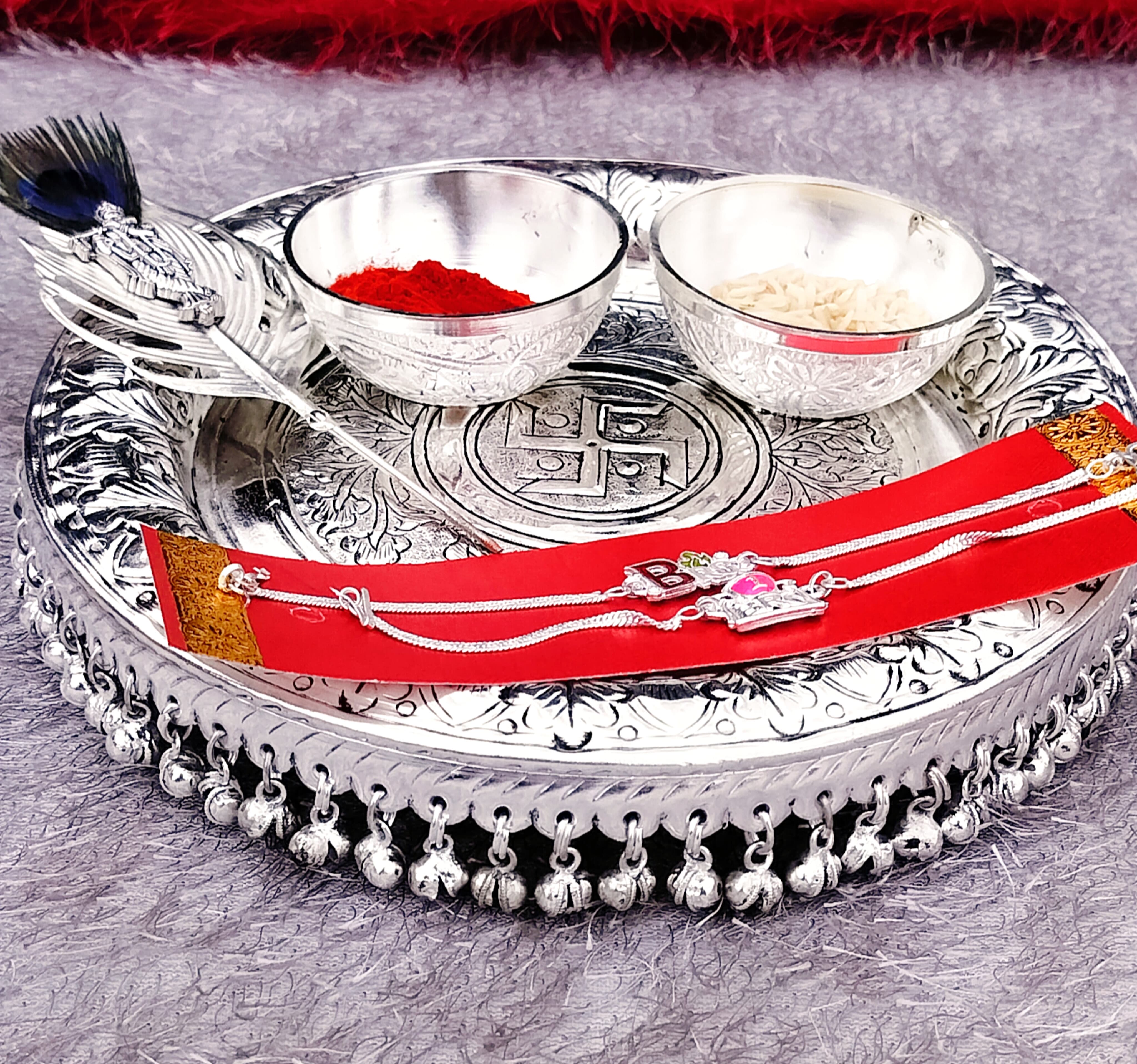 German silver Tika Thali set with ghungroo rakhi pooja set