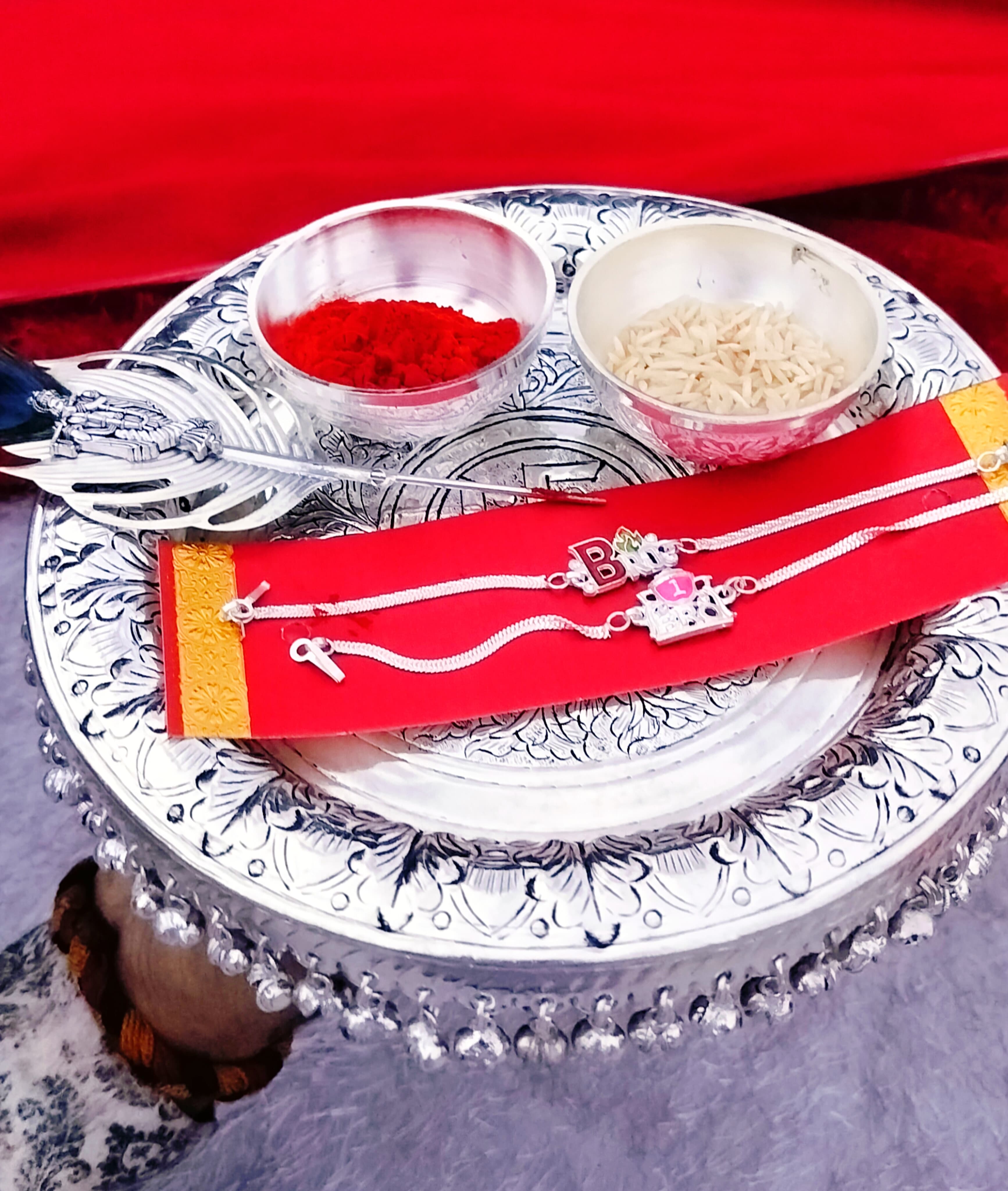 German silver Tika Thali set with ghungroo rakhi pooja set
