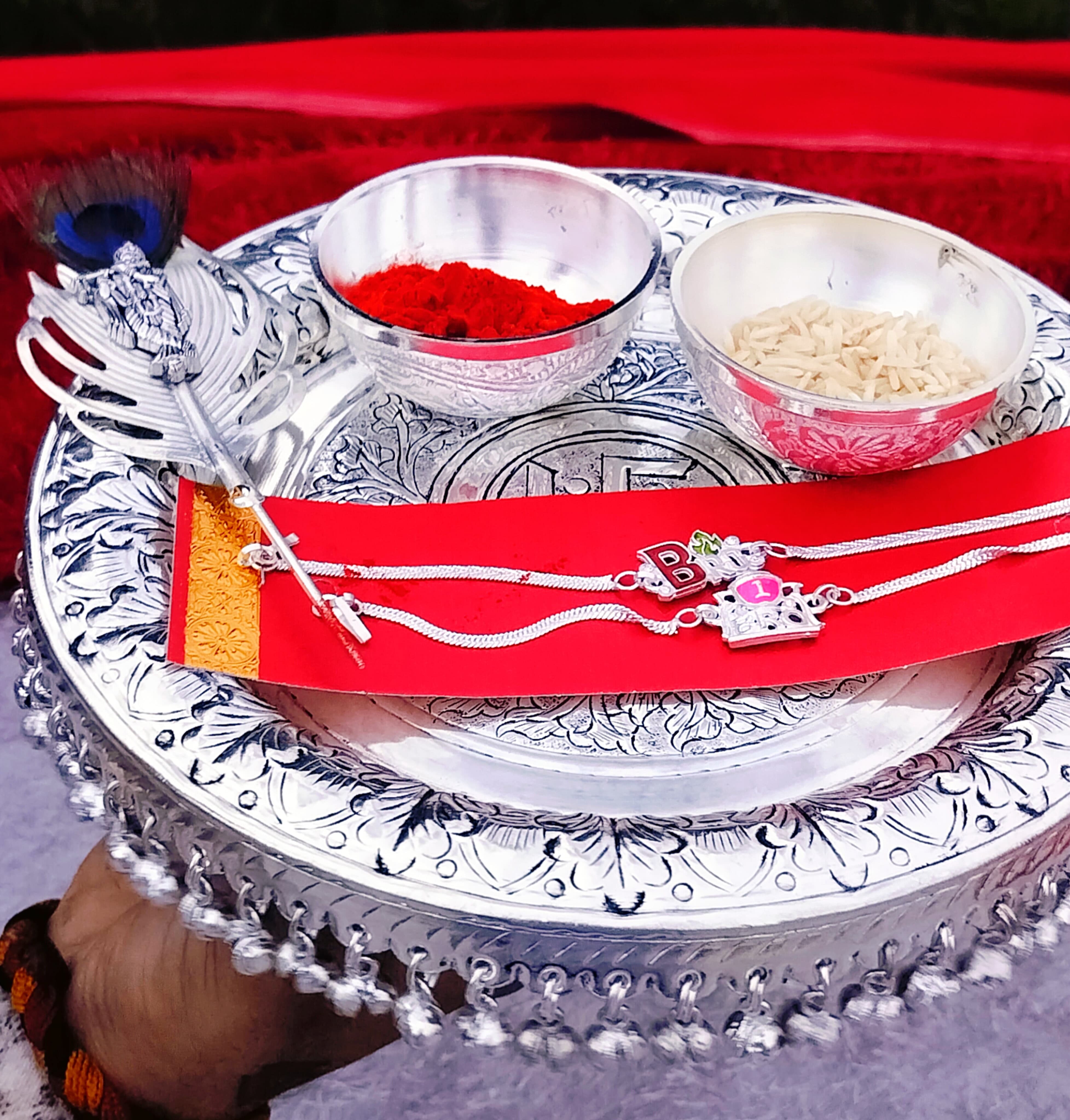 German silver Tika Thali set with ghungroo rakhi pooja set