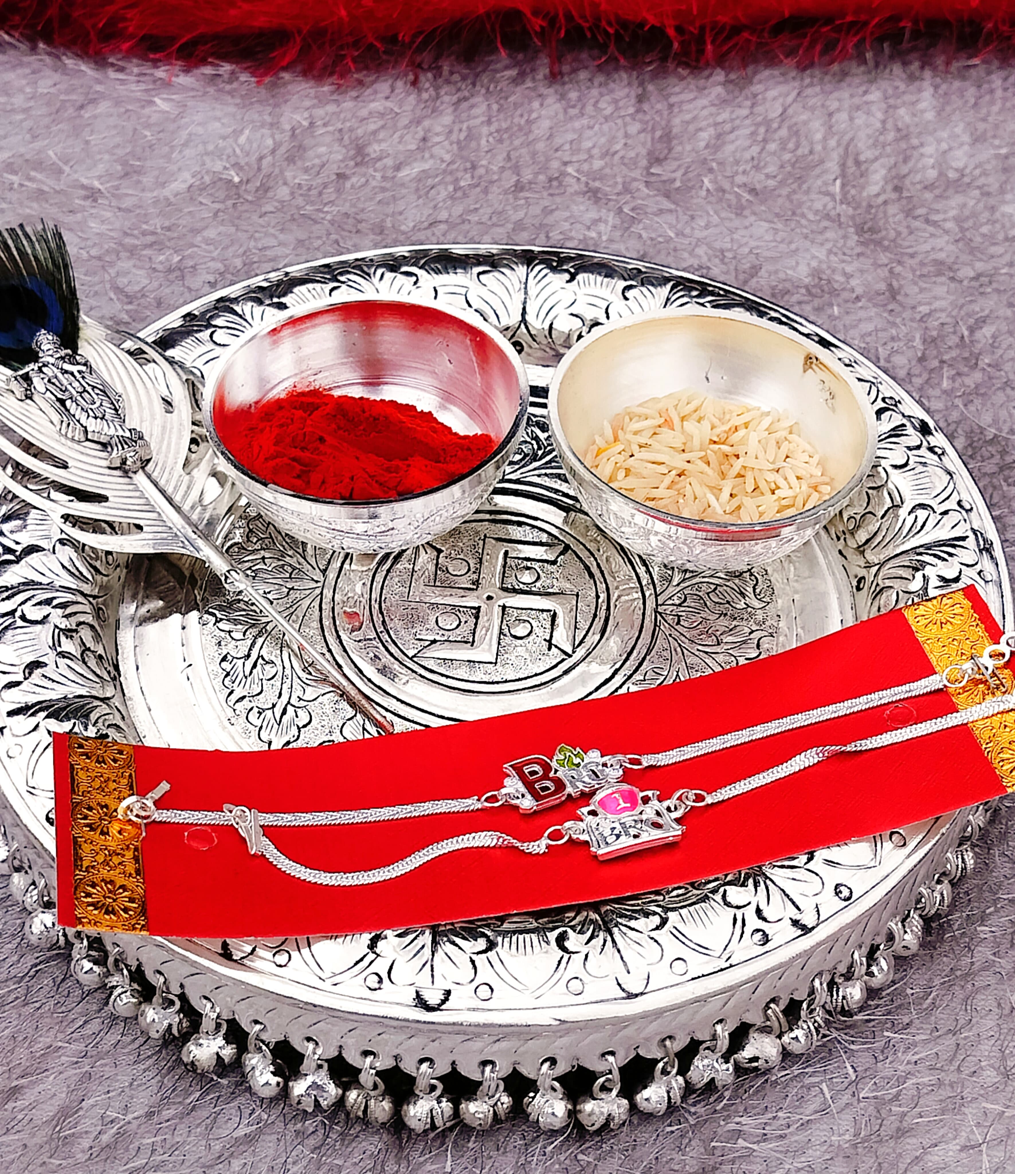 German silver Tika Thali set with ghungroo rakhi pooja set
