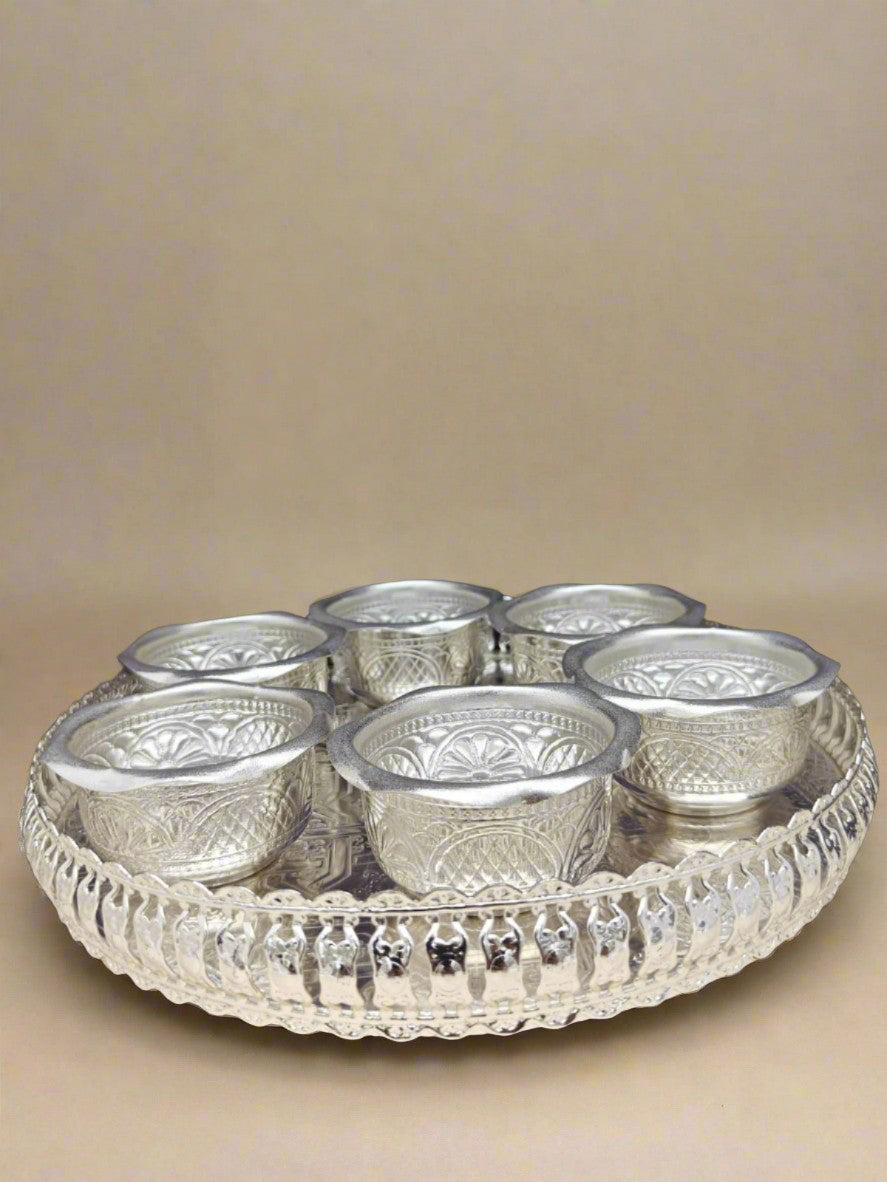 German silver tray with 6 bowl set for snacks/ pooja/ gift item