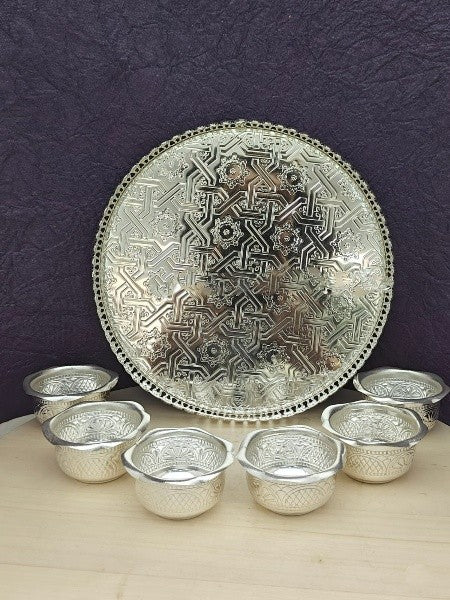 German silver tray with 6 bowl set for snacks/ pooja/ gift item
