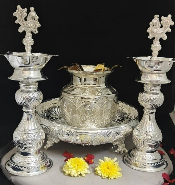 German silver pooja thali set of 5 pieces for housewarming/ Diwali/ gift item