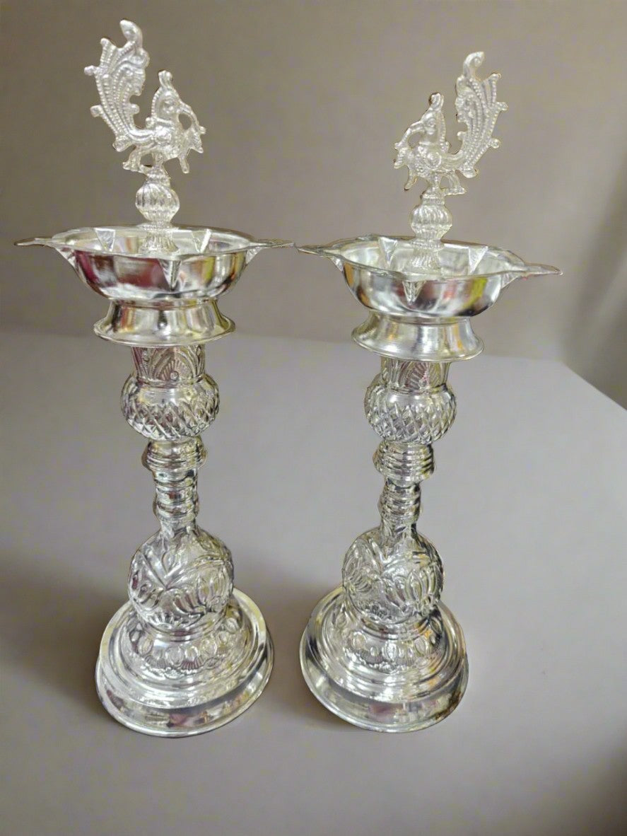 german silver peacock diya pair , 17" height for housewarming/ diwali decor