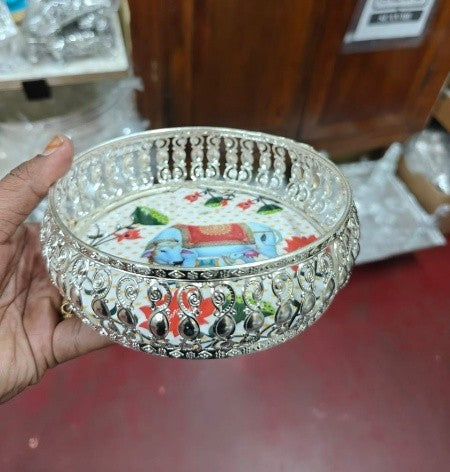 german silver tray with potli for serving/ pooja / gift item/ give away
