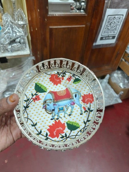 german silver tray with potli for serving/ pooja / gift item/ give away
