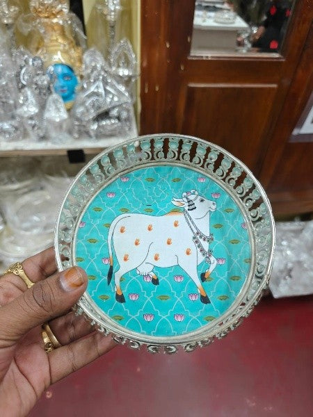 german silver tray with potli for serving/ pooja / gift item/ give away