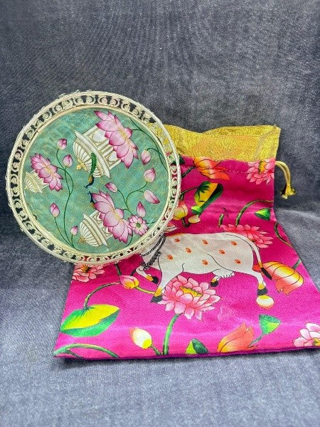 german silver tray with potli for serving/ pooja / gift item/ give away