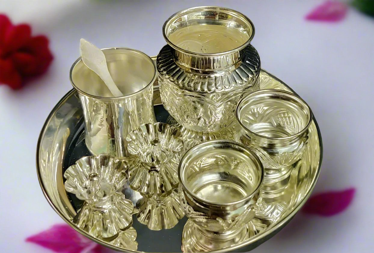 German silver pooja thali set of 6 pieces for housewarming pooja/ Diwali pooja