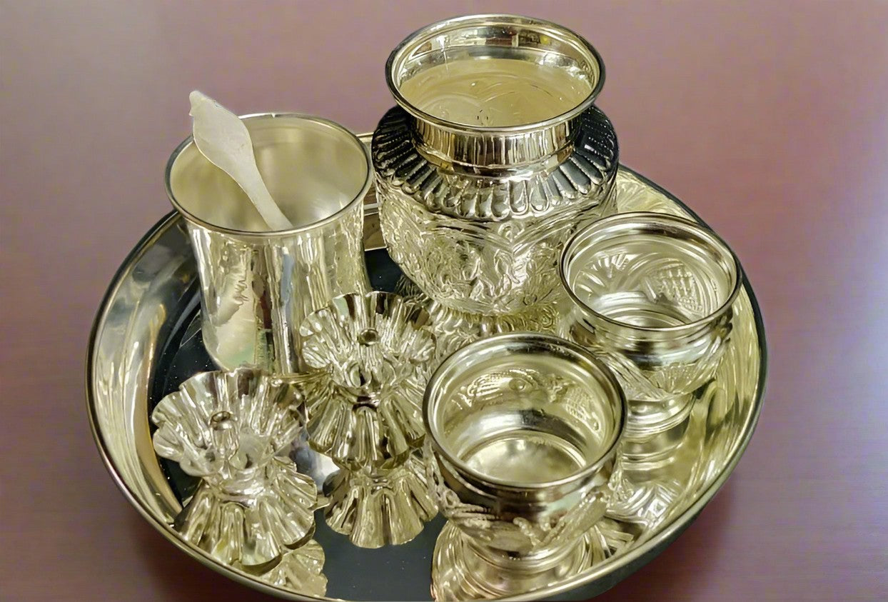 German silver pooja thali set of 6 pieces for housewarming pooja/ Diwali pooja