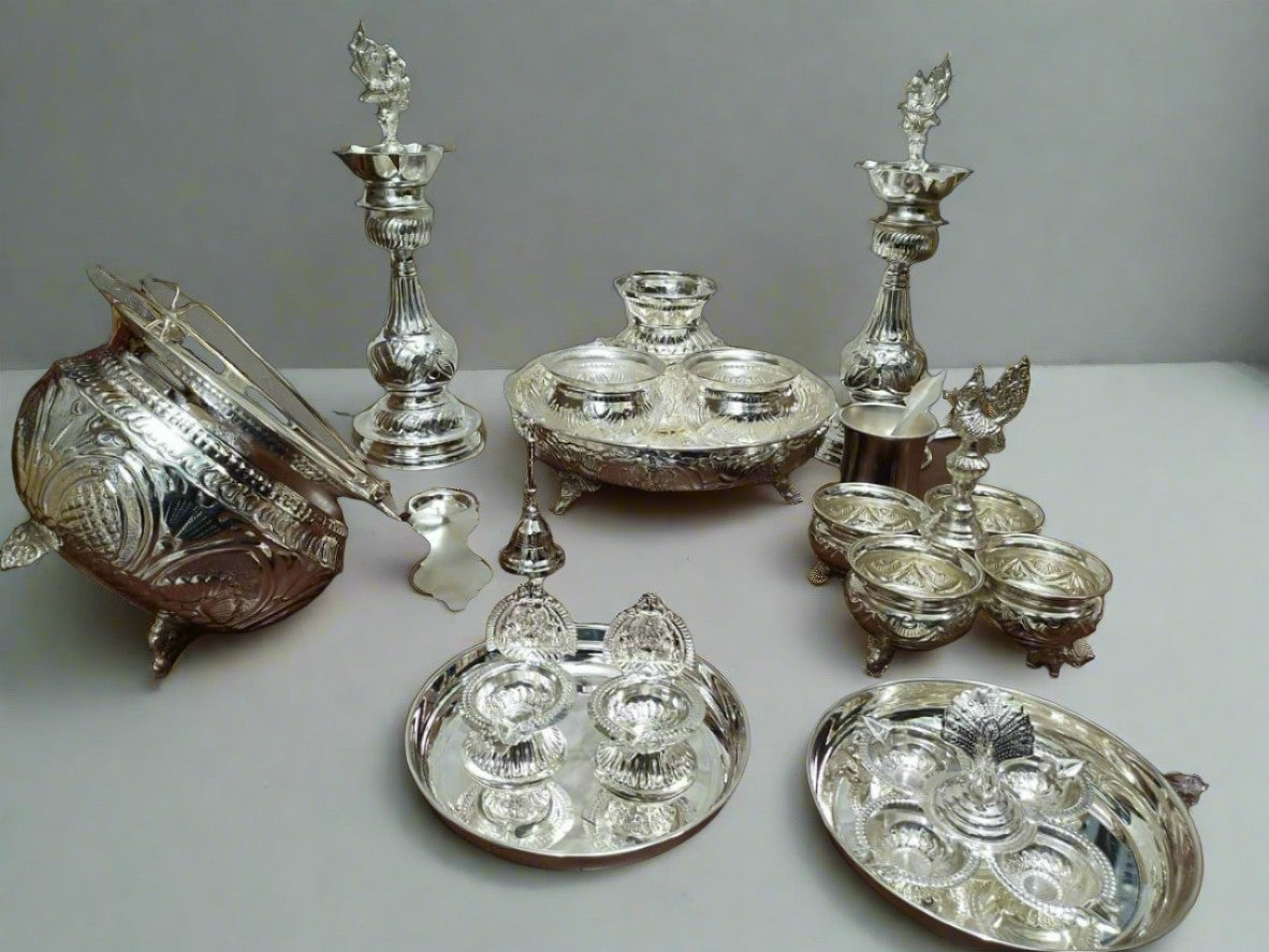 German silver full pooja set for housewarming pooja/ Diwali pooja - 16 pieces set