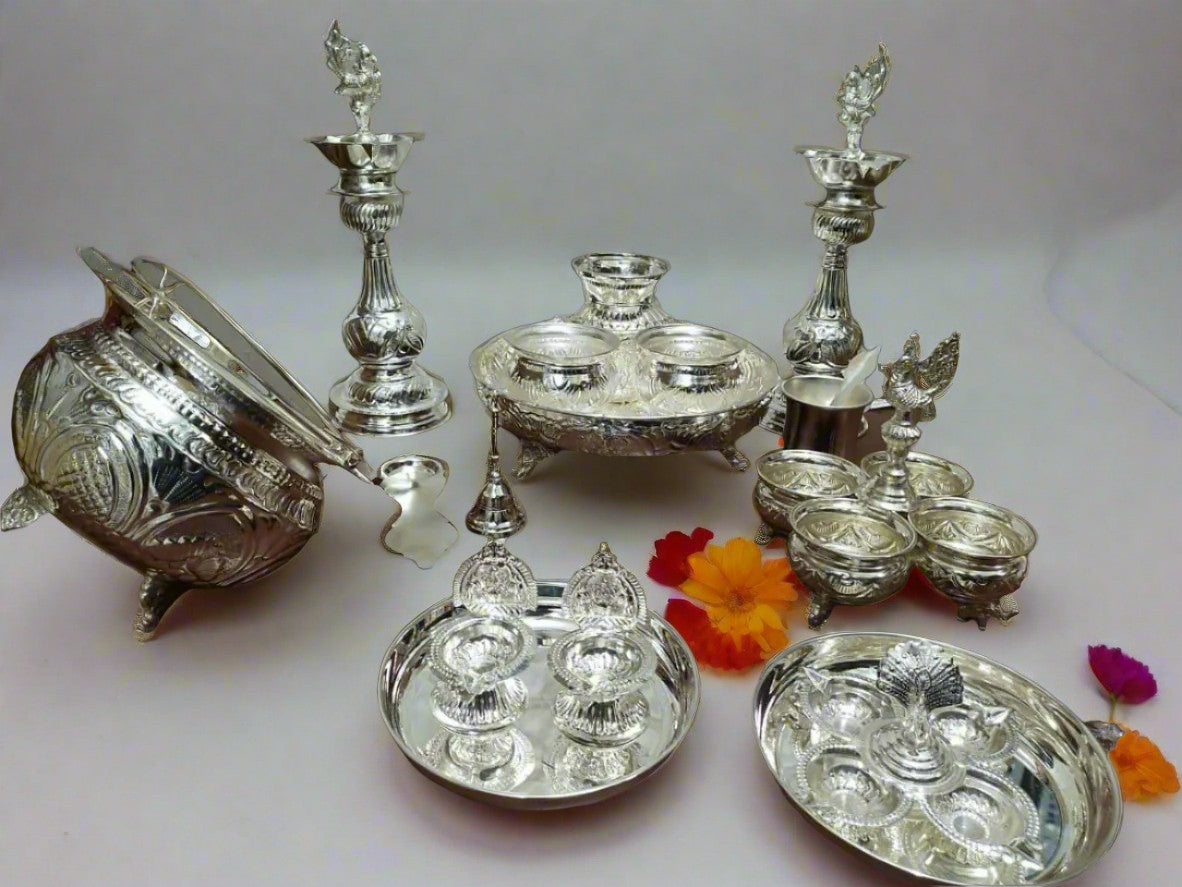 German silver full pooja set for housewarming pooja/ Diwali pooja - 16 pieces set