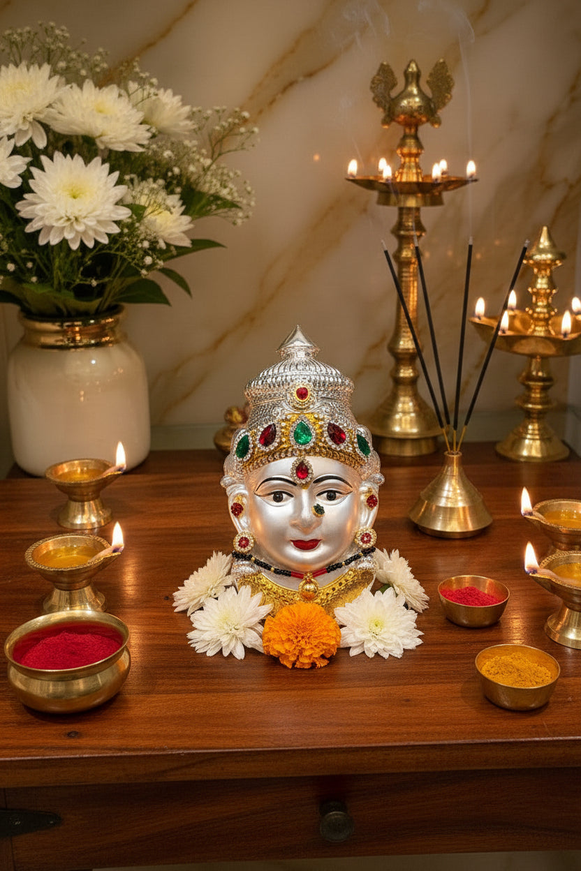 German Silver Lakshmi face  7" Stone Work | Varalakshmi Pooja / diwali gift