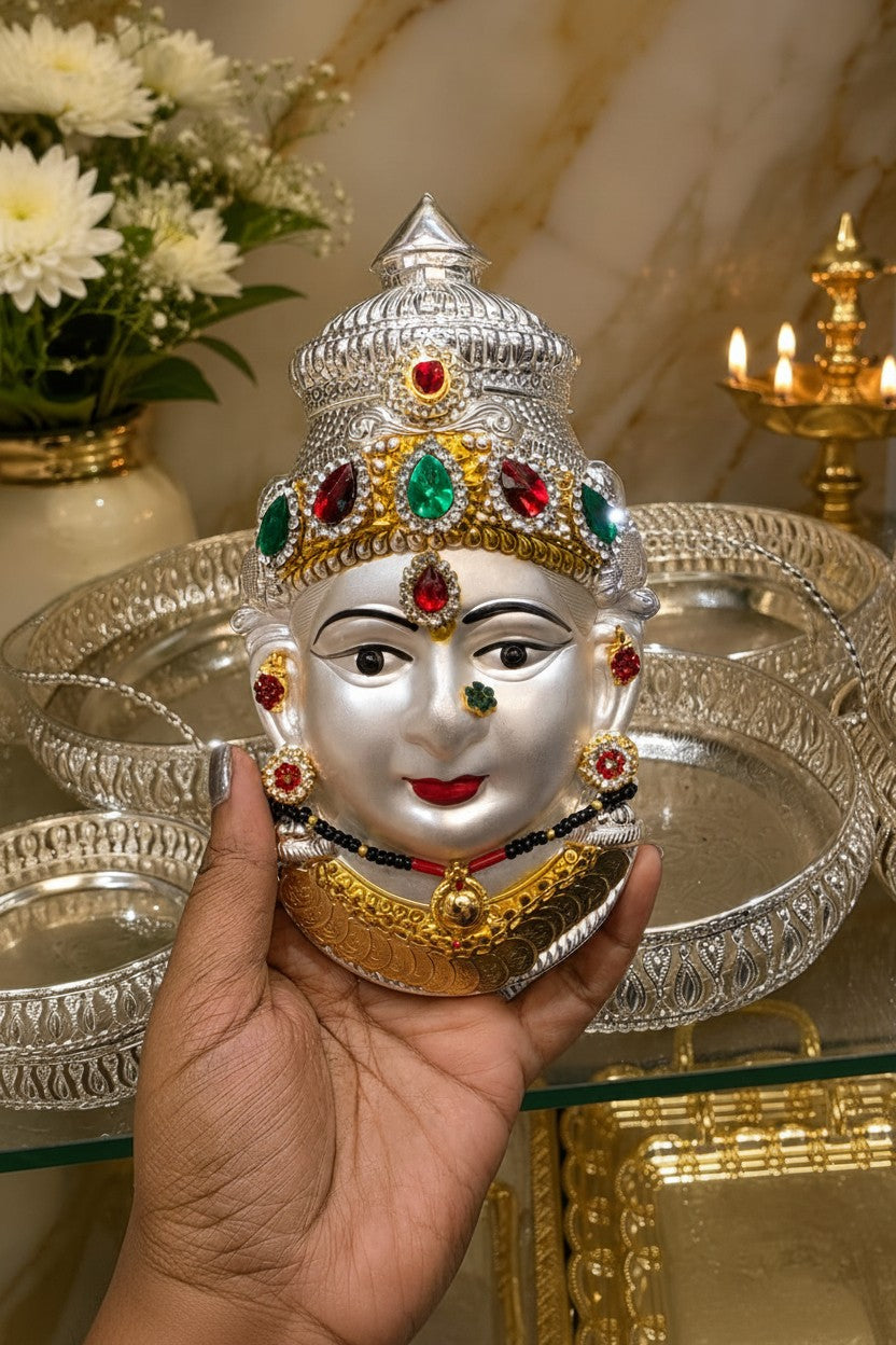 German Silver Lakshmi face  7" Stone Work | Varalakshmi Pooja / diwali gift