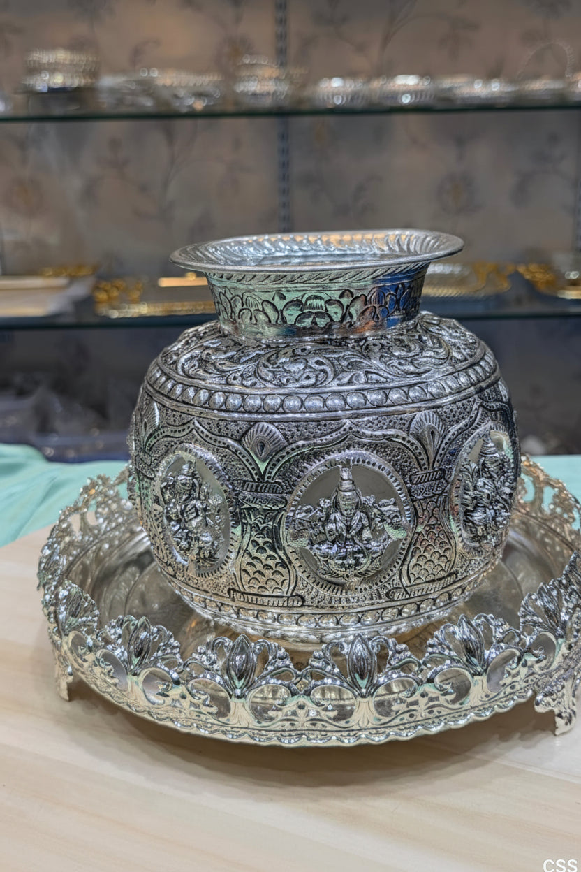German Silver Antique Finish Ashtha Lakshmi Kalash with Tray