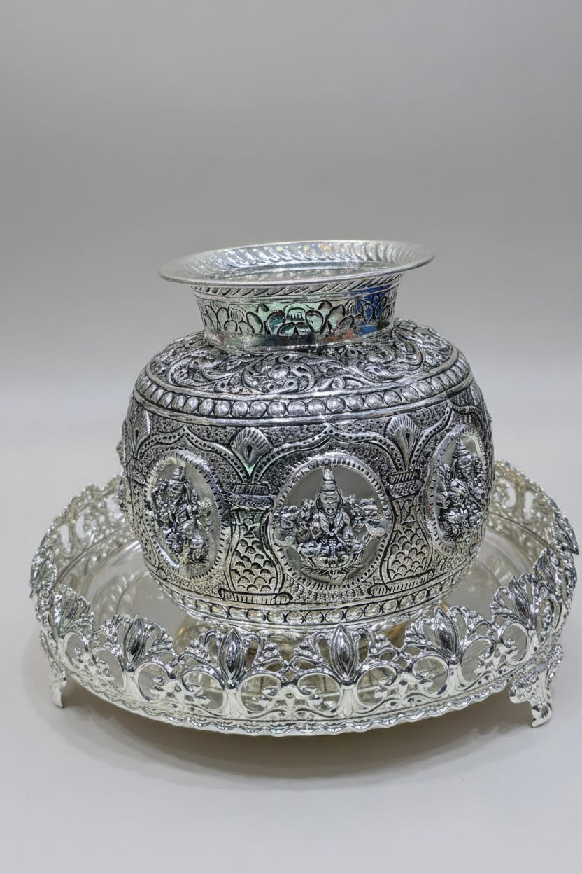 German Silver Antique Finish Ashtha Lakshmi Kalash with Tray