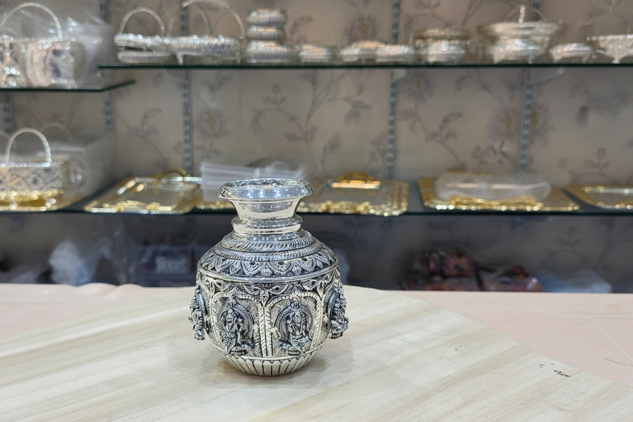 German Silver antique finish Ashtha Lakshmi Kalash – Varalakshmi Puja Special