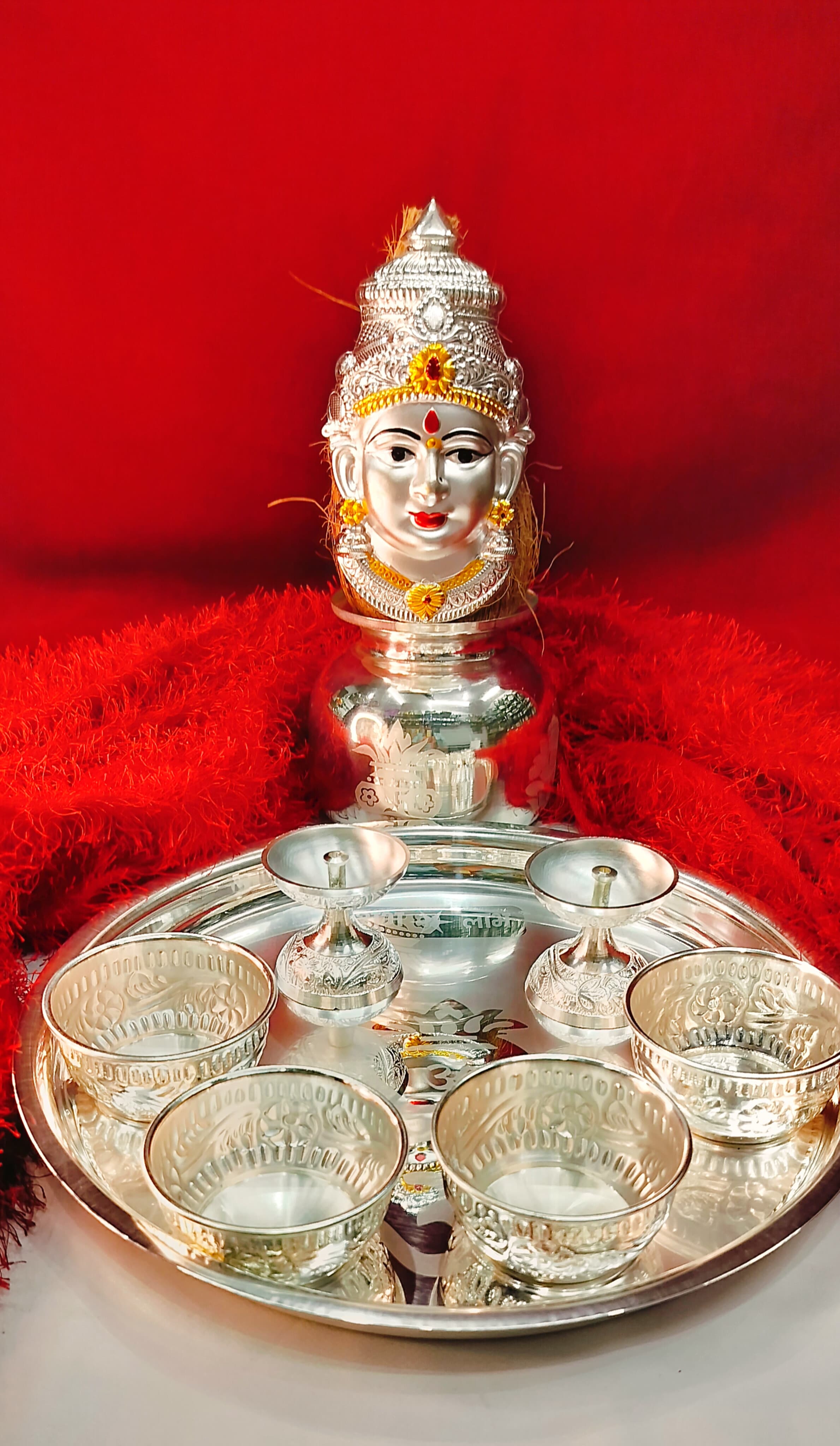 German Silver Pooja Thali Set – 9 Pieces with Lakshmi Face for Varalakshmi Puja & Diwali Rituals