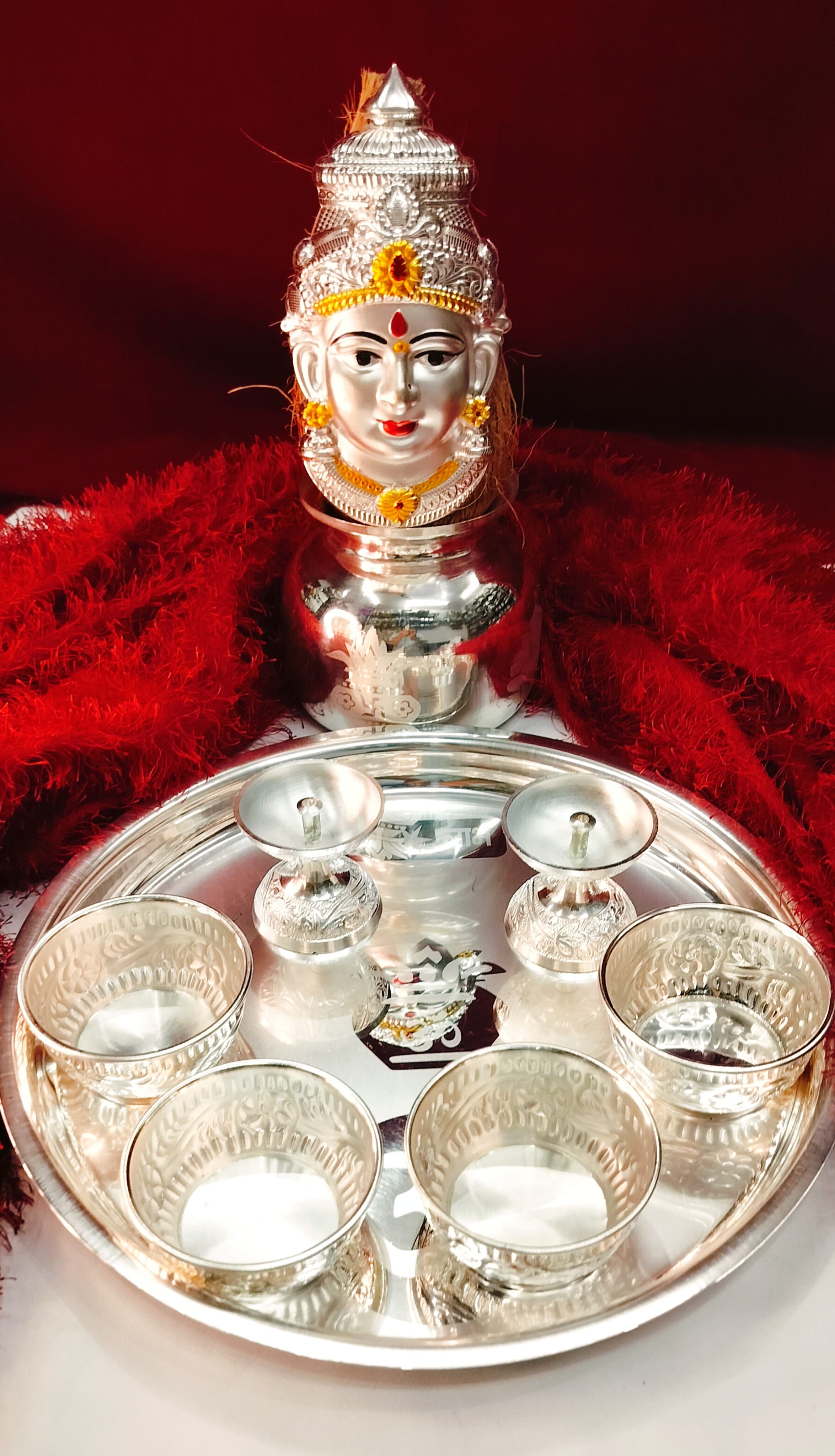 German Silver Pooja Thali Set – 9 Pieces with Lakshmi Face for Varalakshmi Puja & Diwali Rituals